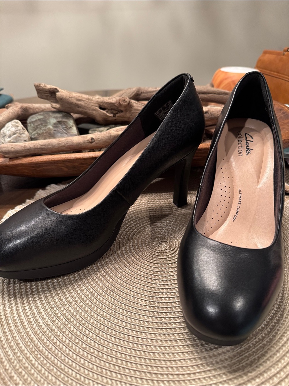 Clarks Black Leather Mid-High Heel Pumps